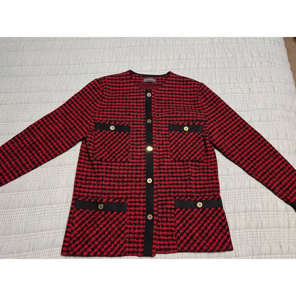 Devernois Paris Red Black Houndstooth Blazer Gold Buttons Wool Blend Preppy S